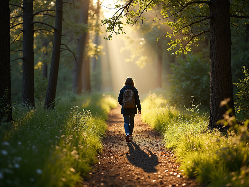 Person walking a peaceful forest trail