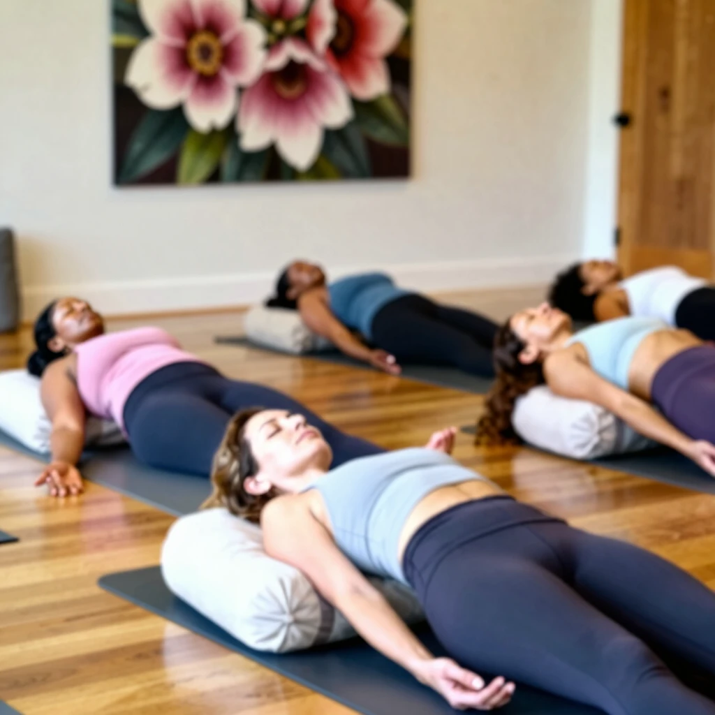 Group of women practicing fertility yoga in supportive studio setting
