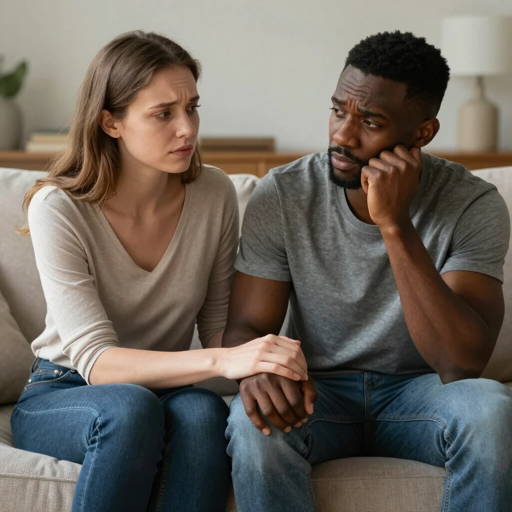 Couple holding hands on couch, showing emotional support during infertility challenges