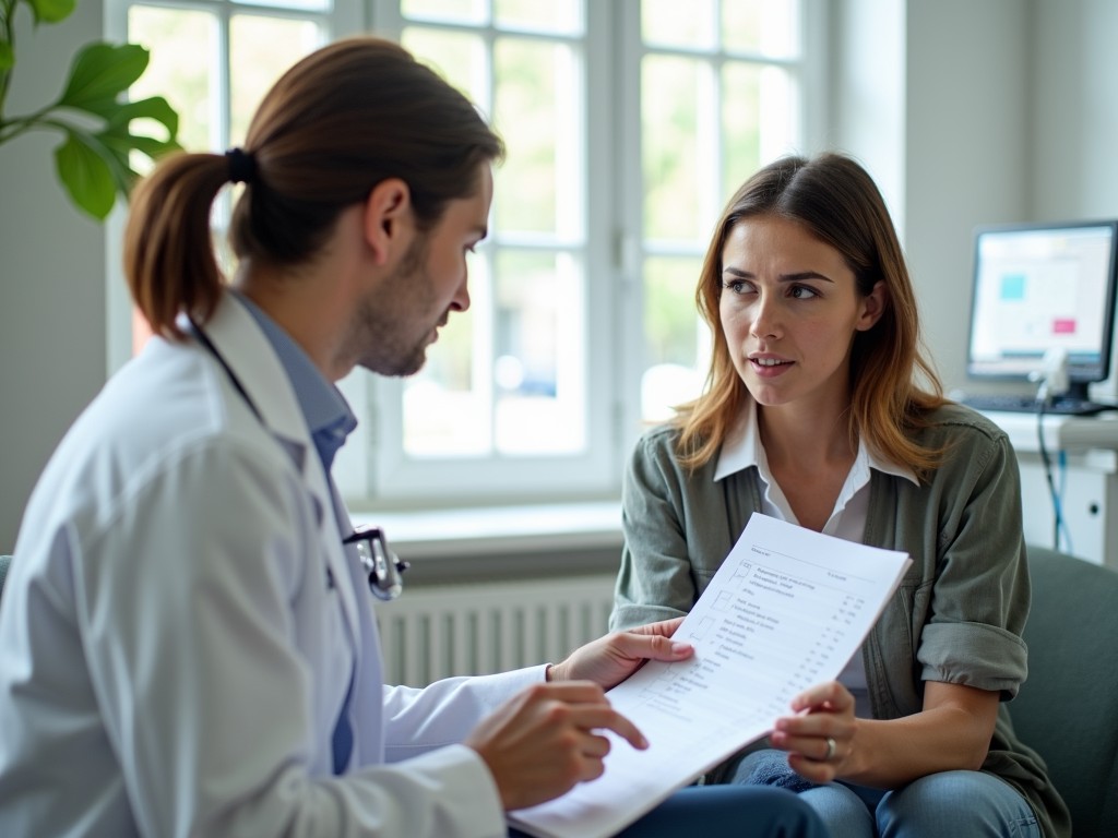 A couple discussing test results with a doctor at a clinic.