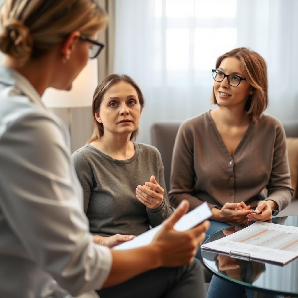 A woman in her late 30s discusses fertility preservation with a specialist in a cozy consultation room.