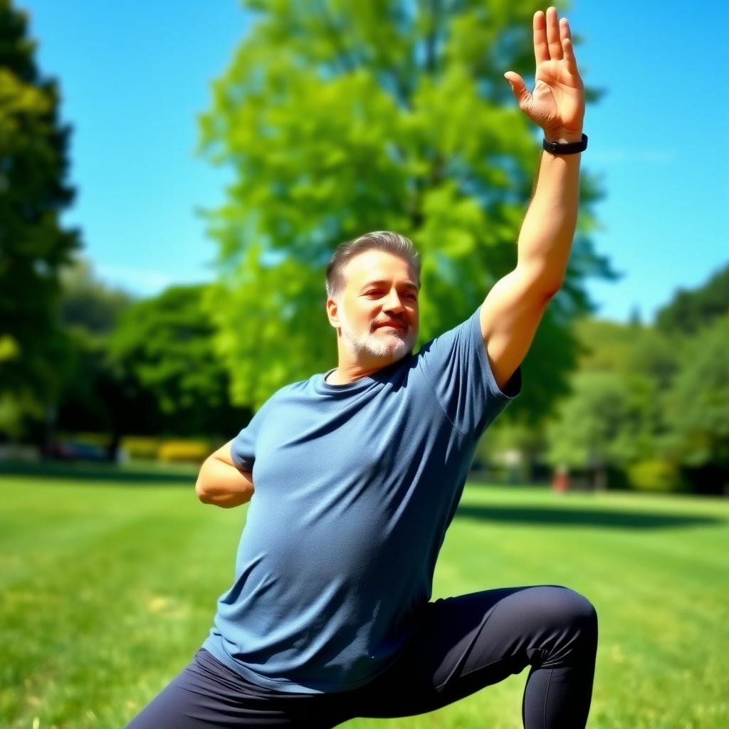 A man practicing yoga in a peaceful park, performing a warrior pose.