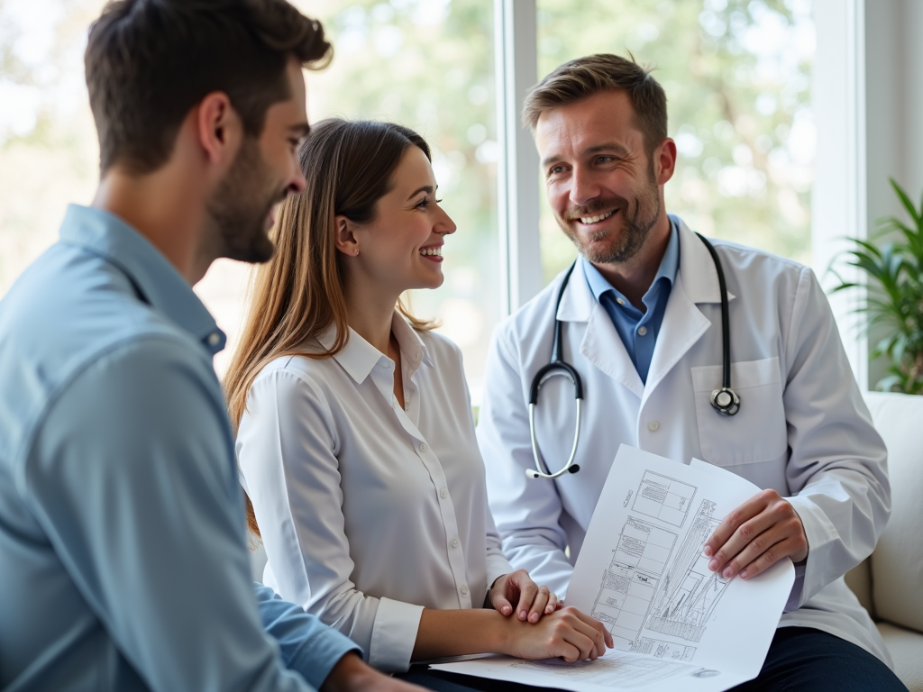A doctor guides a couple through their fertility treatment choices.