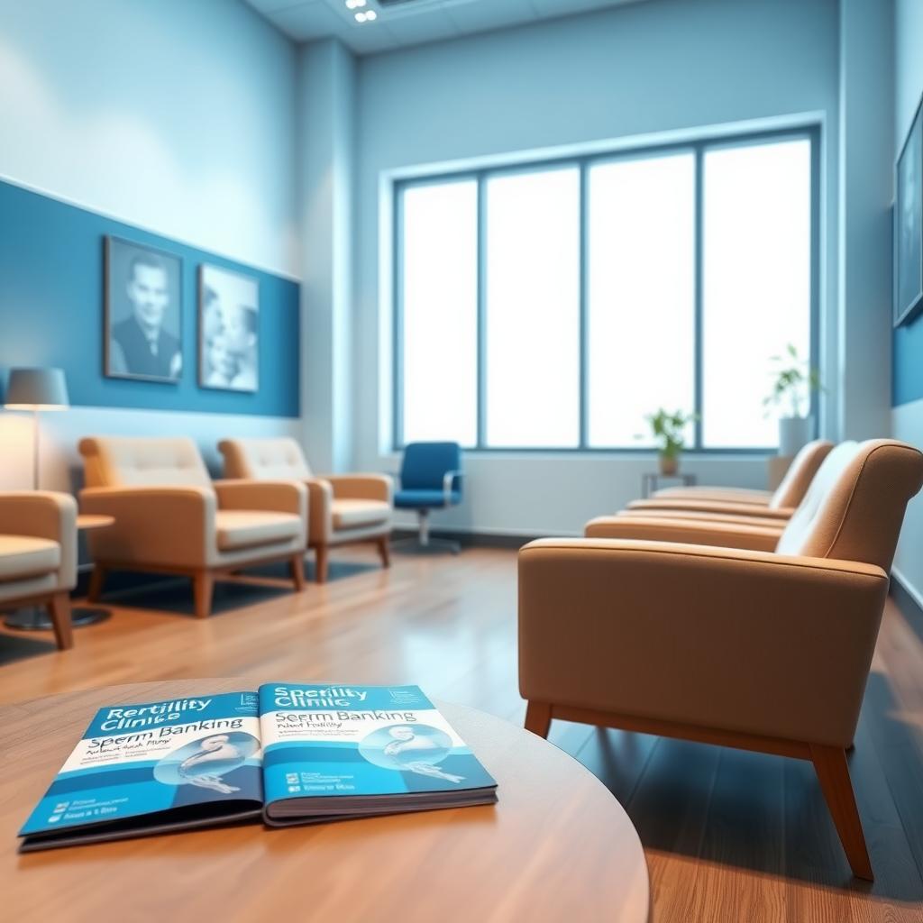 Modern fertility clinic waiting room with informational brochures