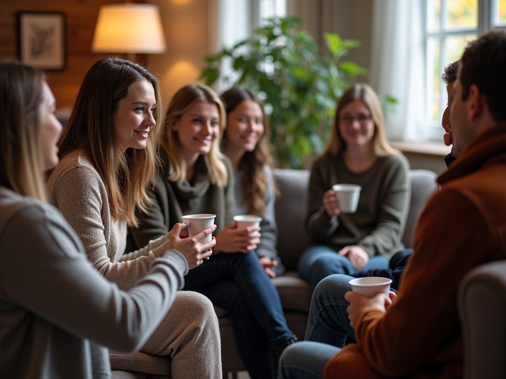 An IVF support group sharing experiences in a cozy space.