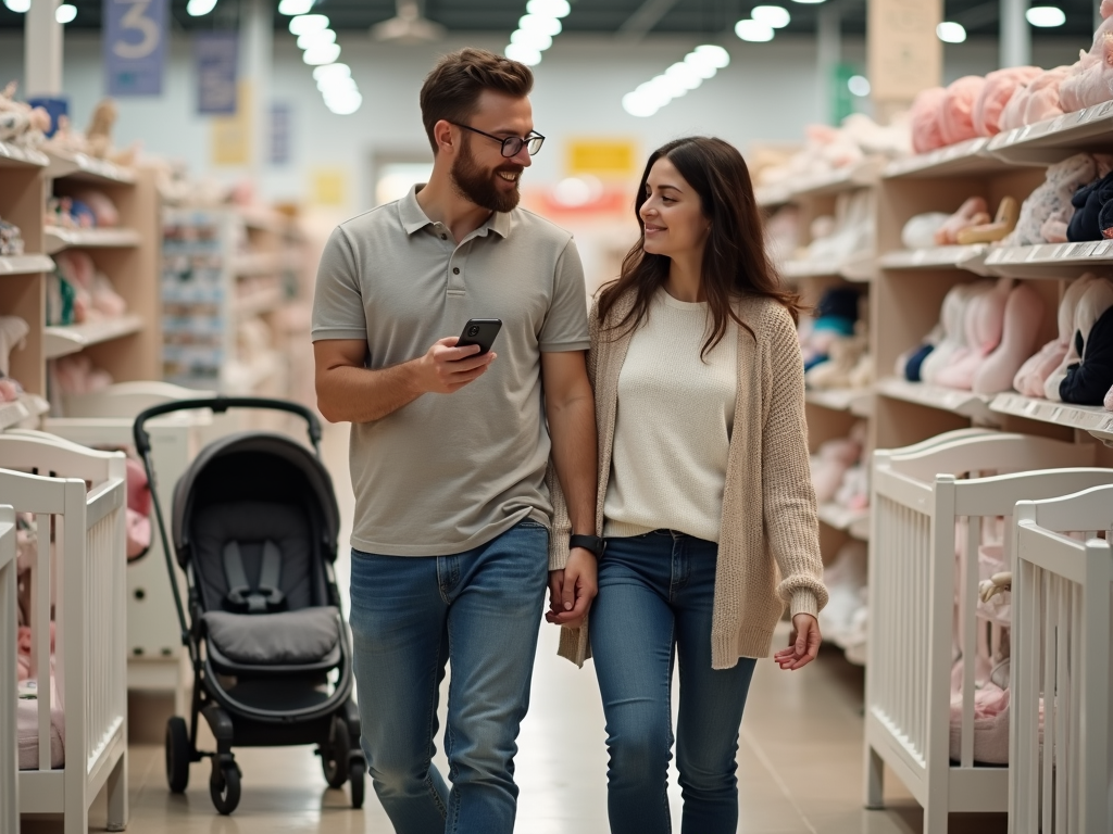 Couple shopping for baby gear