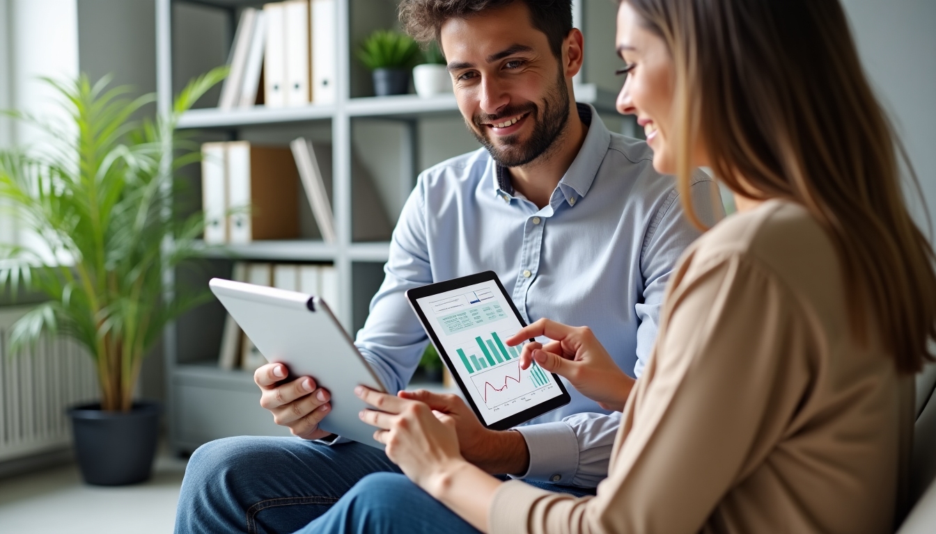 A couple meeting with a financial advisor, discussing fertility financing options with a digital tablet.