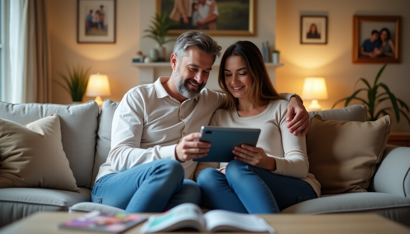 Couple reading IVF success stories on a digital tablet, smiling in a sunny living room.
