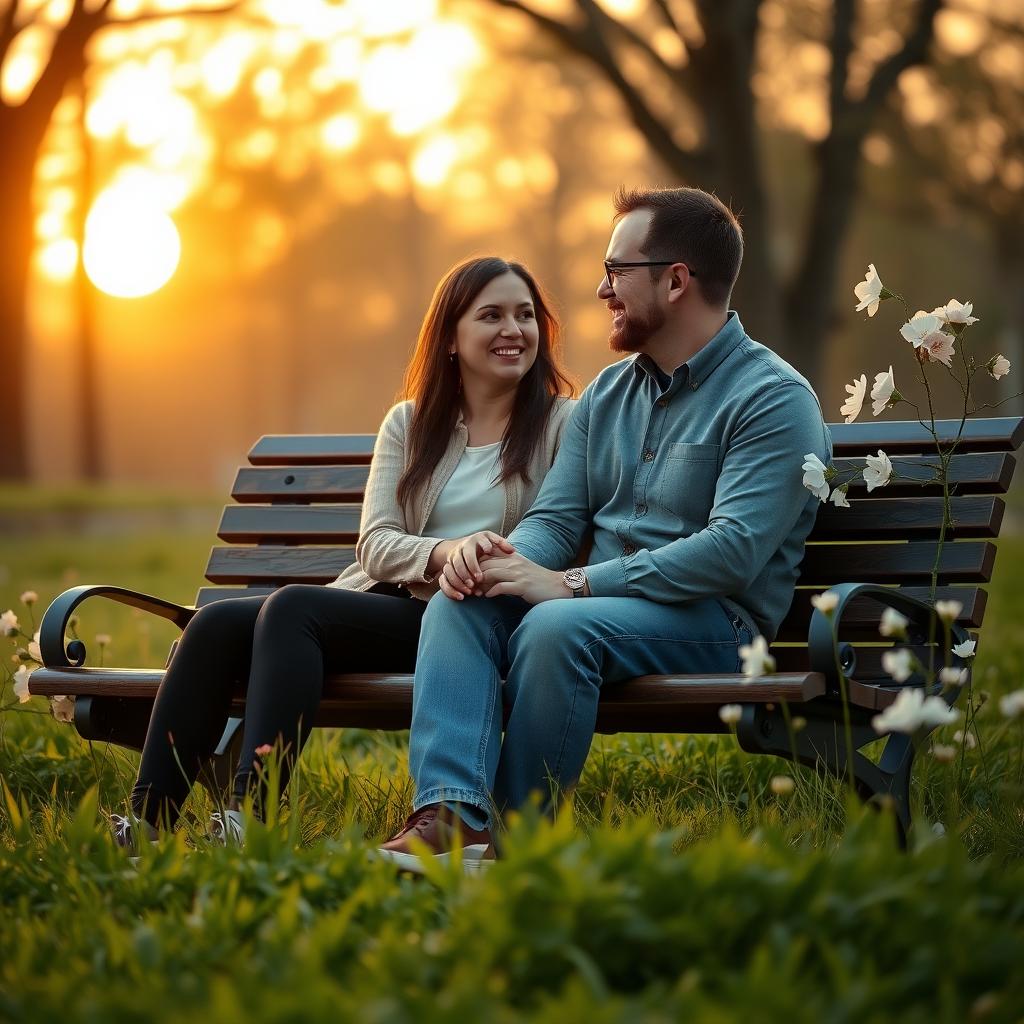 A couple sitting on a park bench, holding hands and smiling, with a warm sunset in the background.