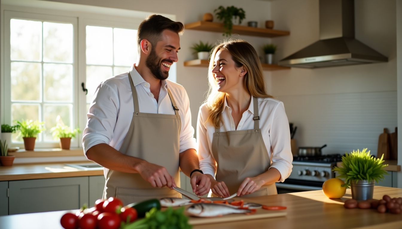 A couple cooking a healthy meal together, symbolizing a positive fertility journey.