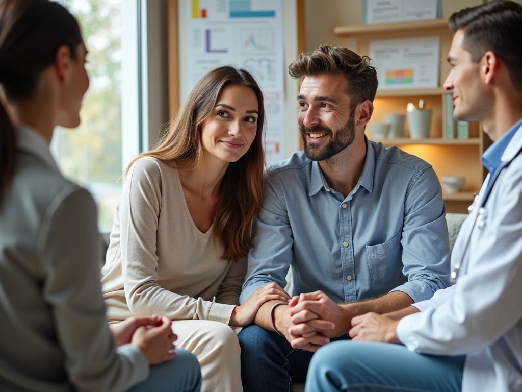A supportive partner comforting another during a medical consultation.