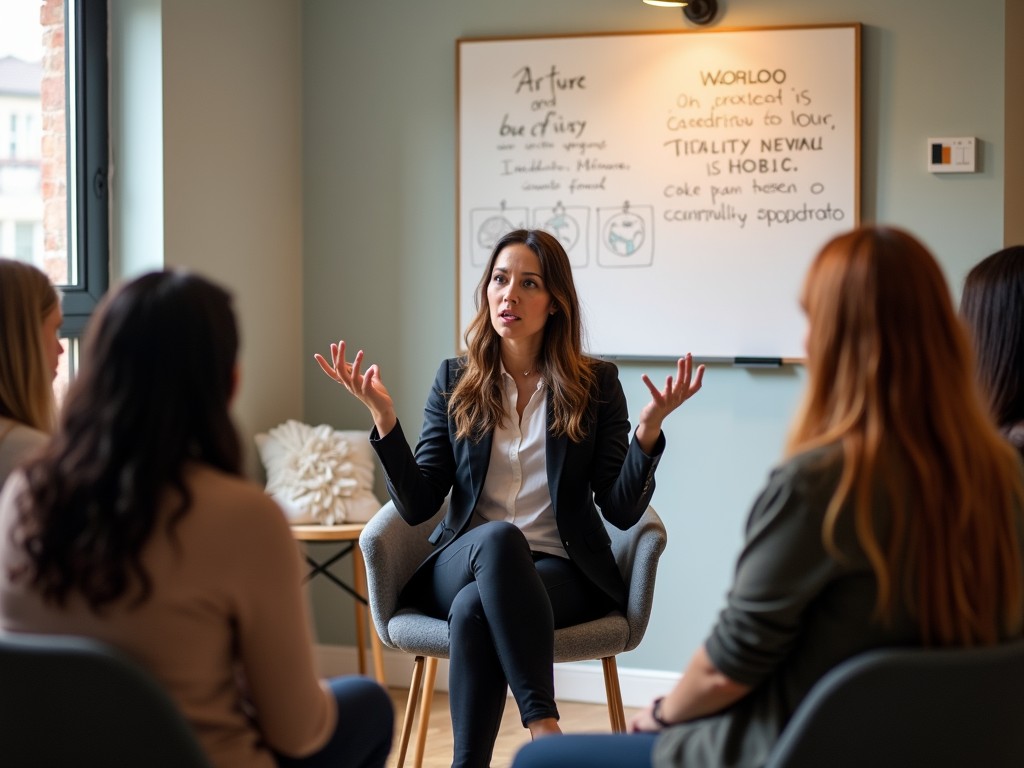 A fertility advocate speaking at a support group meeting, empowering individuals with knowledge.