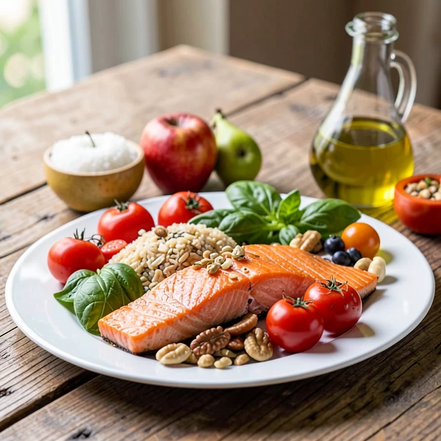 Colorful Mediterranean diet meal with fish, vegetables, nuts, and fruits that support male fertility