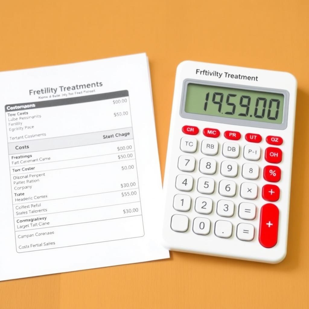 A closeup photo of a calculator, bills, and financial paperwork stacked together, representing the financial aspect of fertility treatments.
