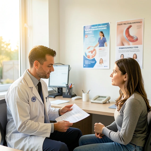 Doctor discussing sperm banking and fertility preservation with a couple