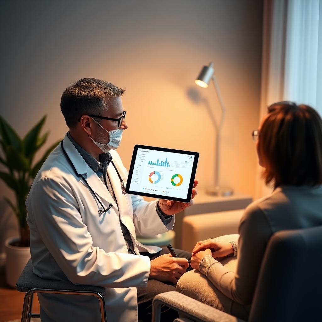 Doctor showing a couple an AI-generated fertility treatment plan on a tablet in a consultation room