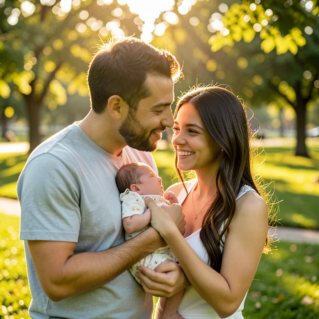 Happy cancer survivor family with newborn baby after successful fertility preservation