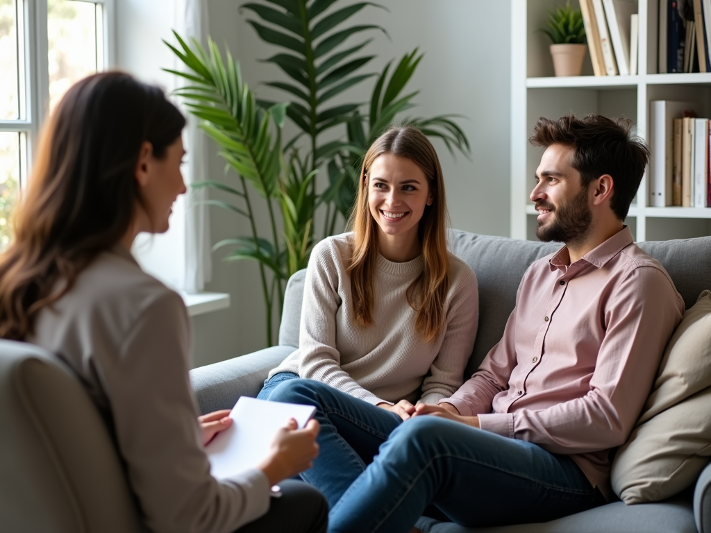 A couple sitting on a couch, talking to a counselor in a comforting setting.