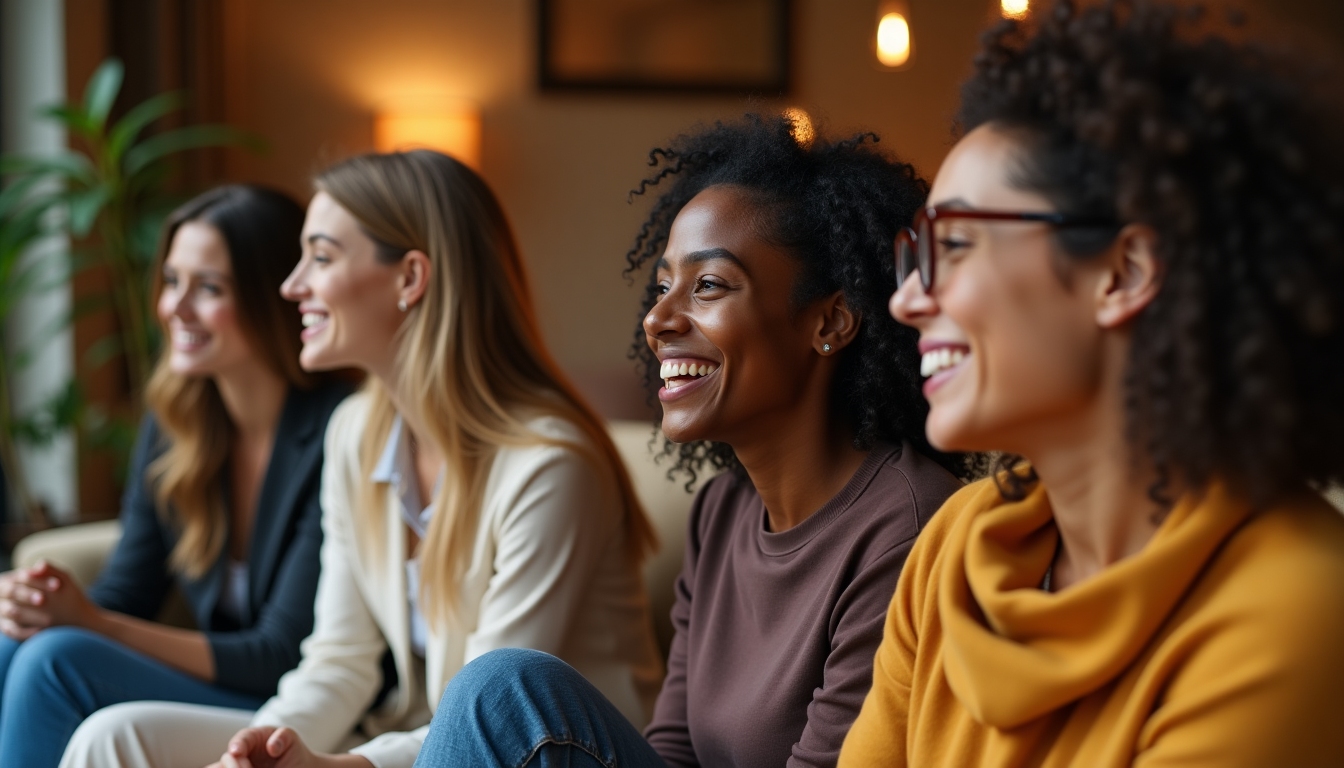 A group of diverse women, smiling and interacting, representing empowerment and support.