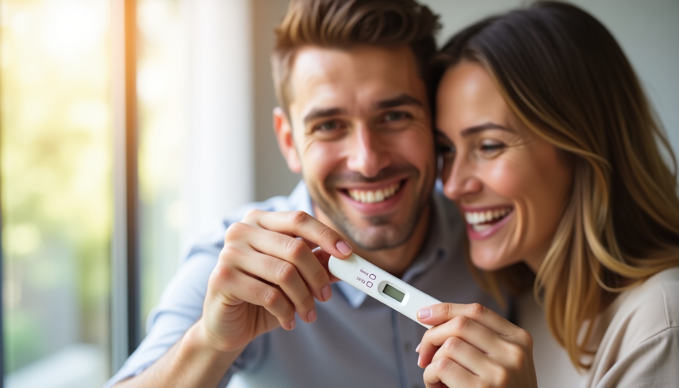 A happy couple celebrating a positive pregnancy test.