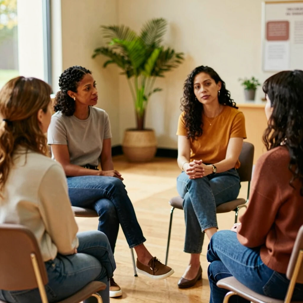 Support group meeting for women coping with infertility