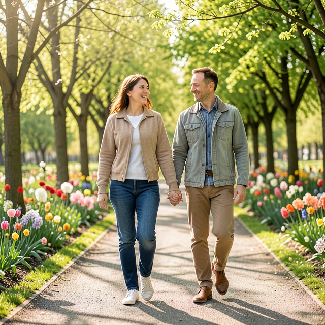 Hopeful couple walking in a park symbolizing strength on their fertility journey