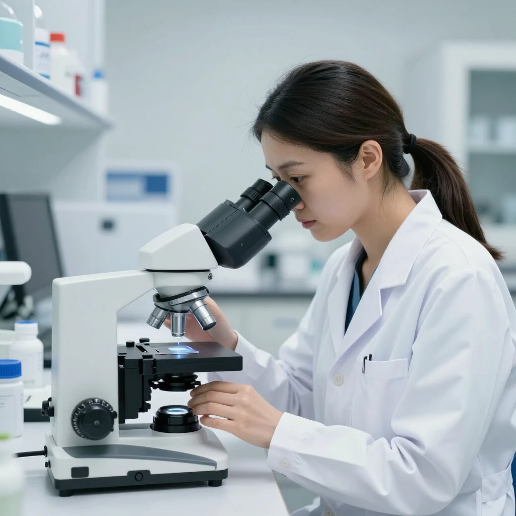 Lab technician analyzing semen sample under microscope