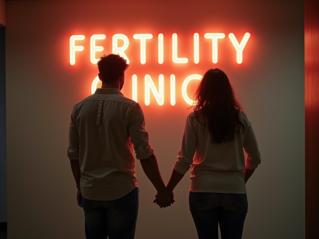A hopeful couple standing outside a fertility clinic, holding hands and looking at the building's sign.