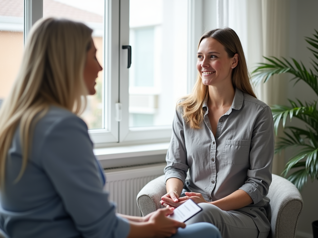 Doctor and patient in a consultation room, with a compassionate expression.