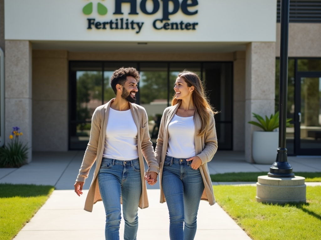 Couple leaving fertility clinic with hope