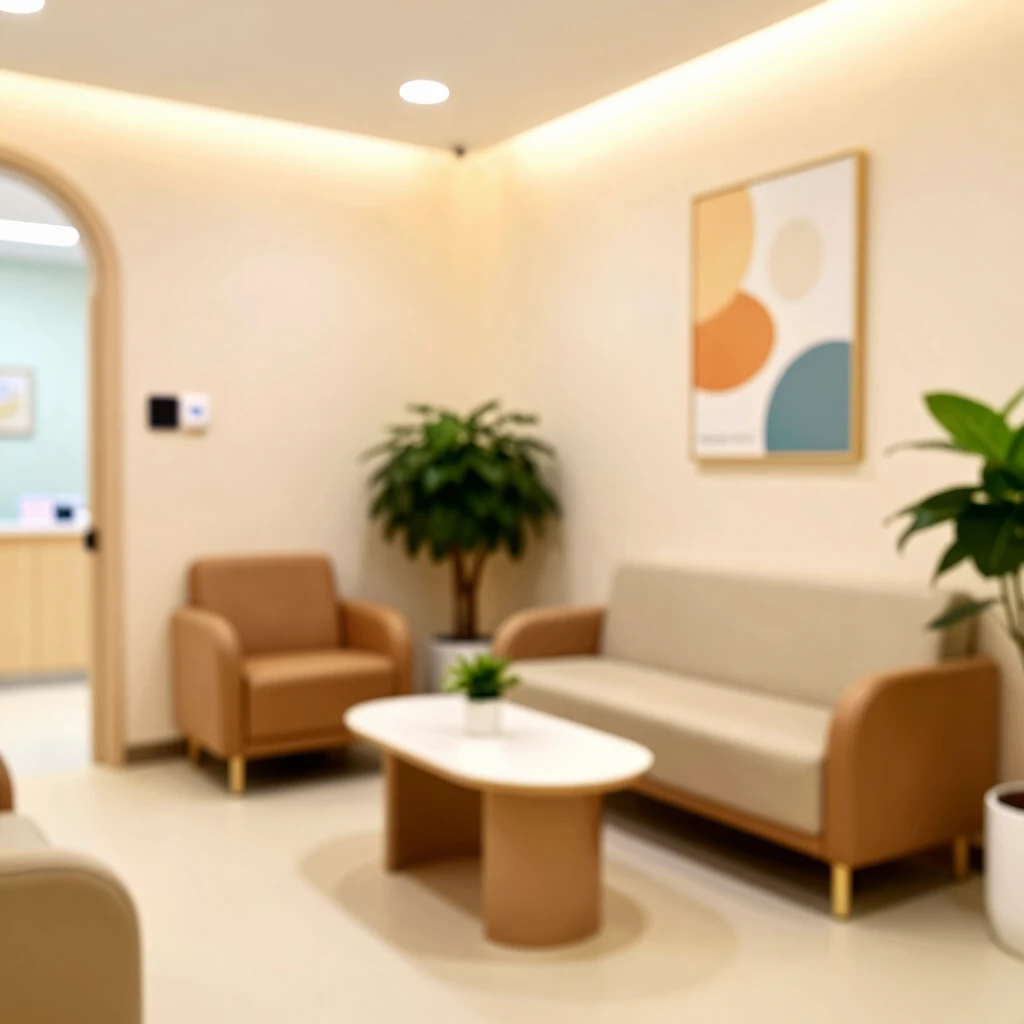 Modern fertility clinic waiting room with comfortable seating and welcoming atmosphere