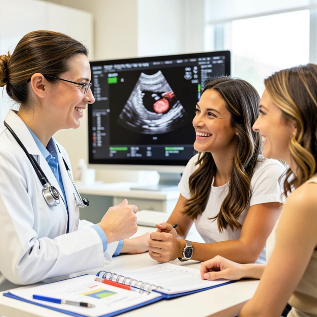Fertility specialist consulting couple with positive results