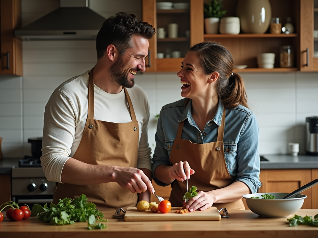 A couple preparing dinner together