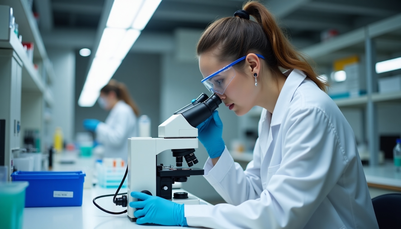 A lab technician examining IVF samples under a microscope in a laboratory.