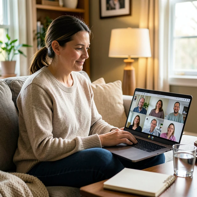 Woman joining an online virtual fertility support group from home