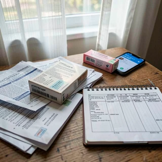 Desk setup with fertility treatment bills and budgeting tools