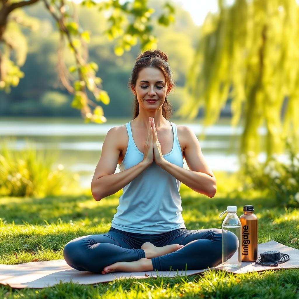 A woman practices yoga outdoors, finding calm amidst greenery.