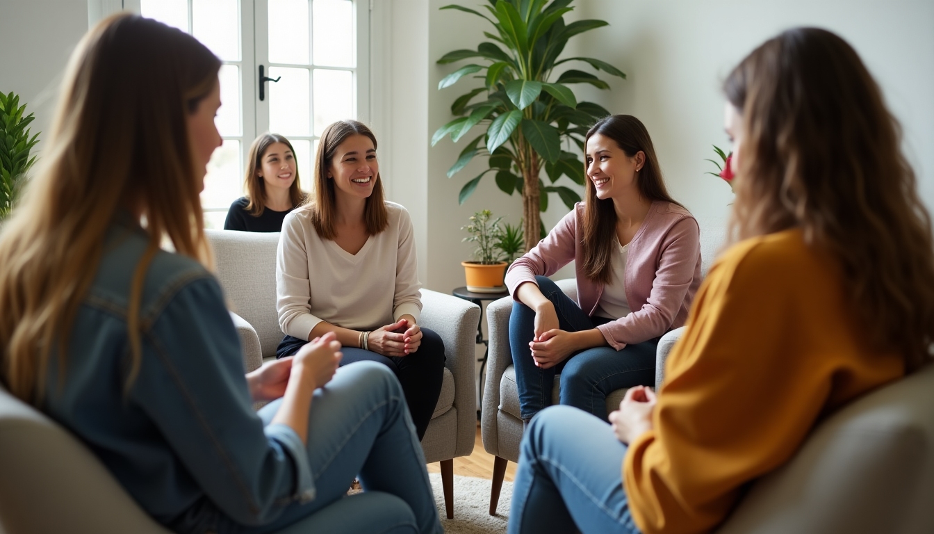A group of individuals in a support group setting at a fertility clinic, engaging in conversation and support.