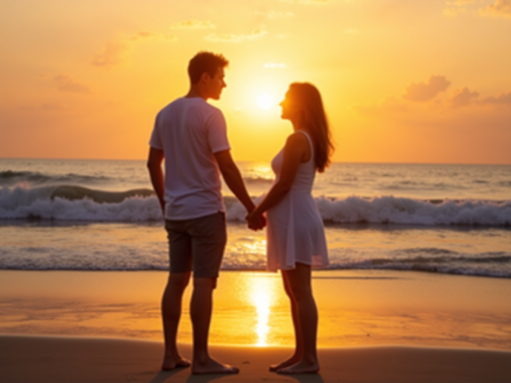 Couple finding hope on a beach at sunset