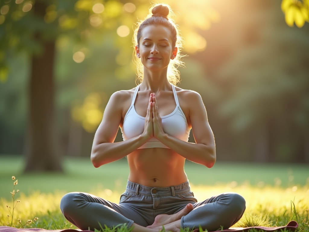 Woman doing yoga outdoors to manage stress and support fertility.