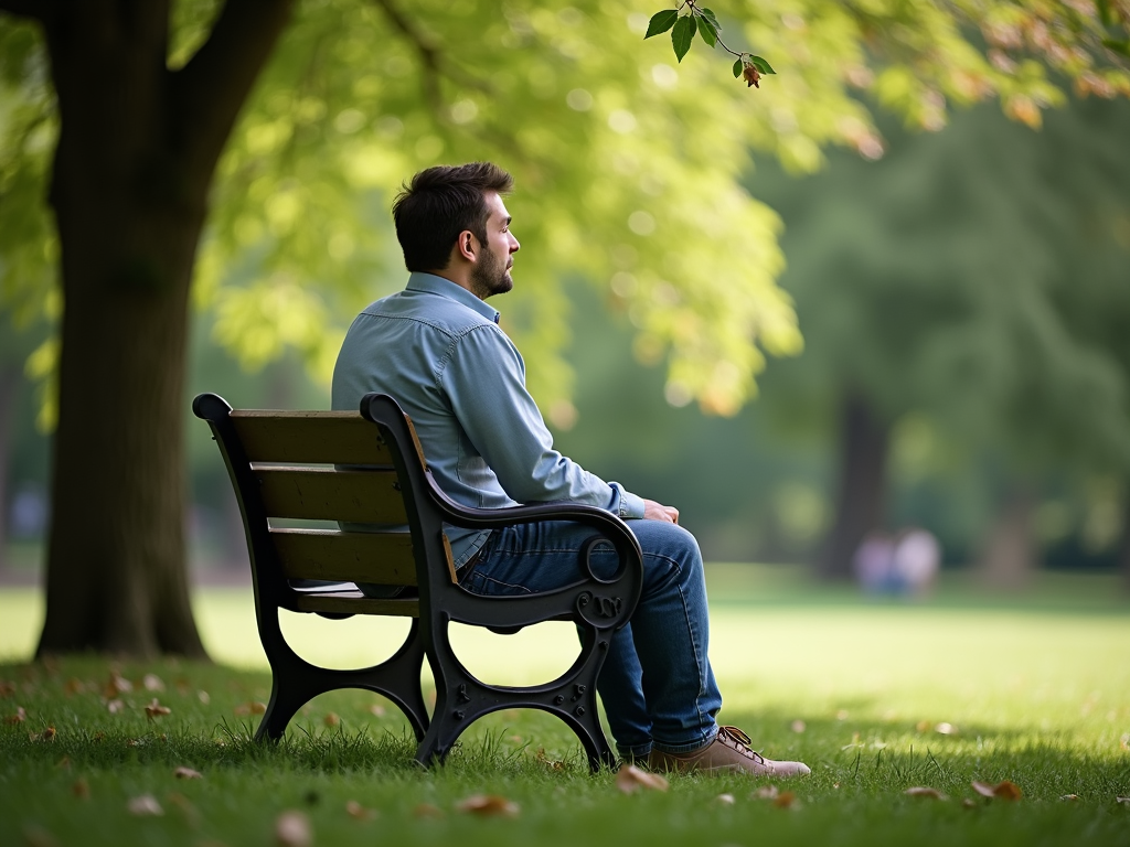A man alone on a bench, lost in thought under a tree.