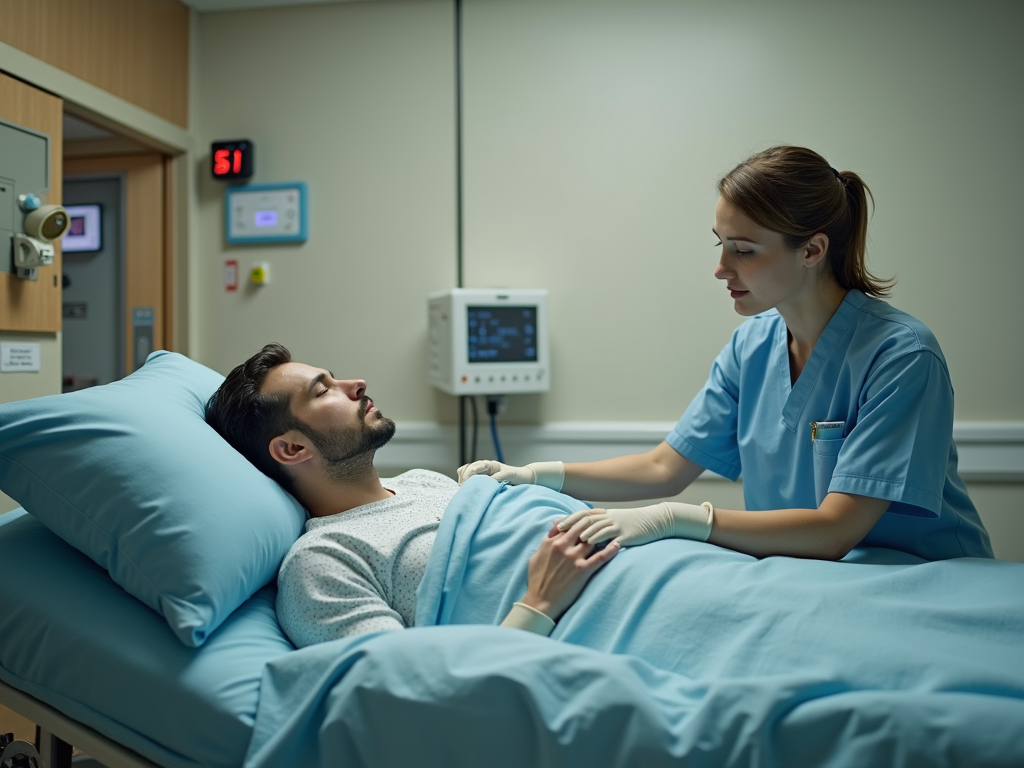 Person recovering after egg retrieval with nurse nearby