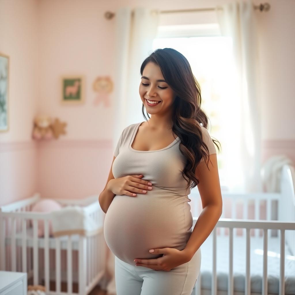 A pregnant woman stands in a nursery, hopeful after successful IVF and genetic screening.