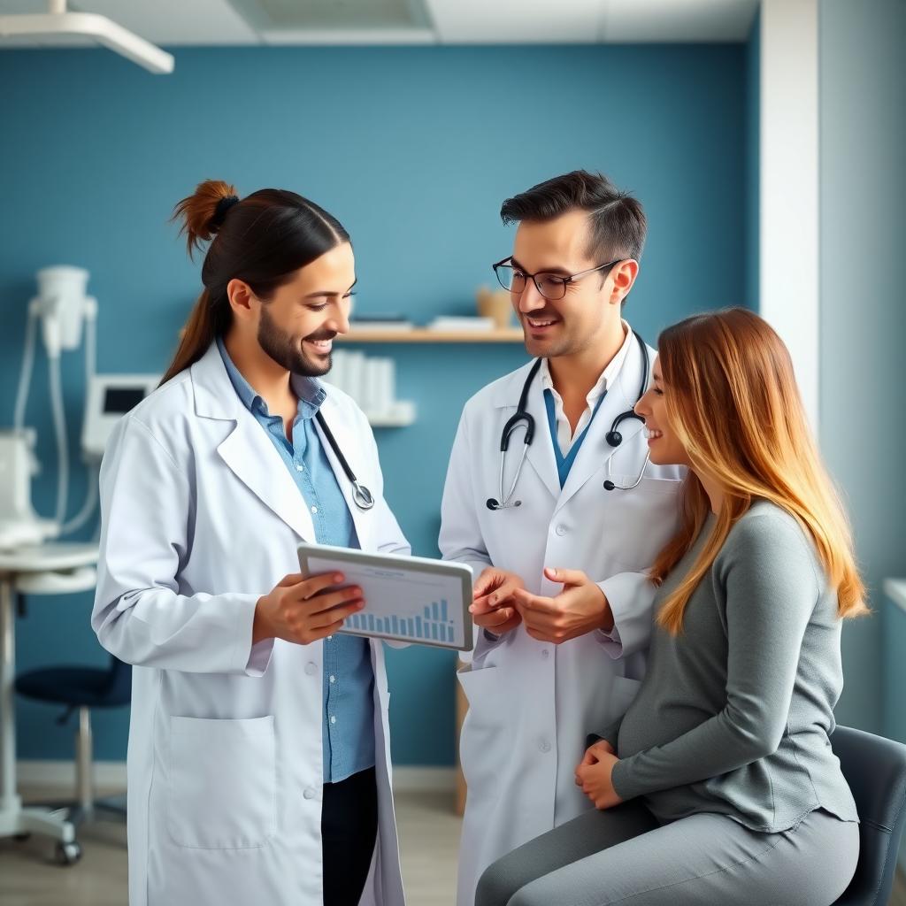 Fertility specialist consulting with couple in modern office
