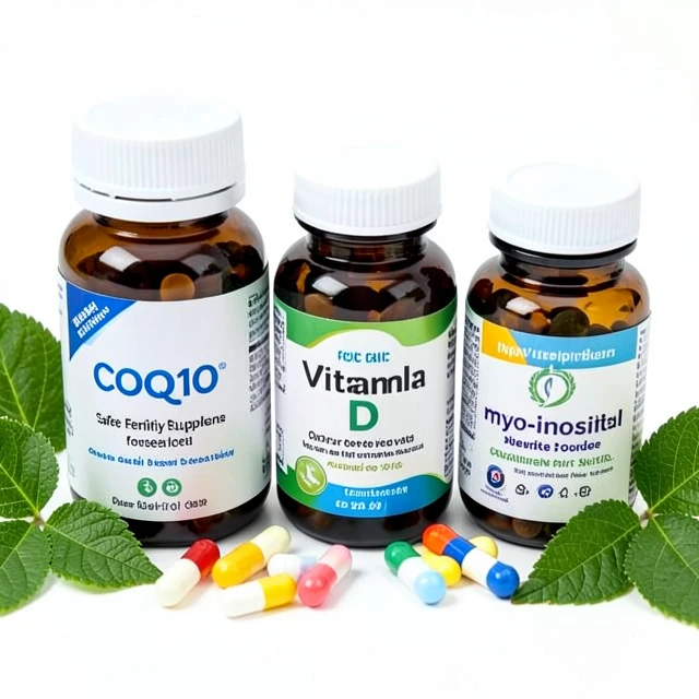 Assortment of evidence-based safe fertility supplements including CoQ10, folic acid, and vitamin D