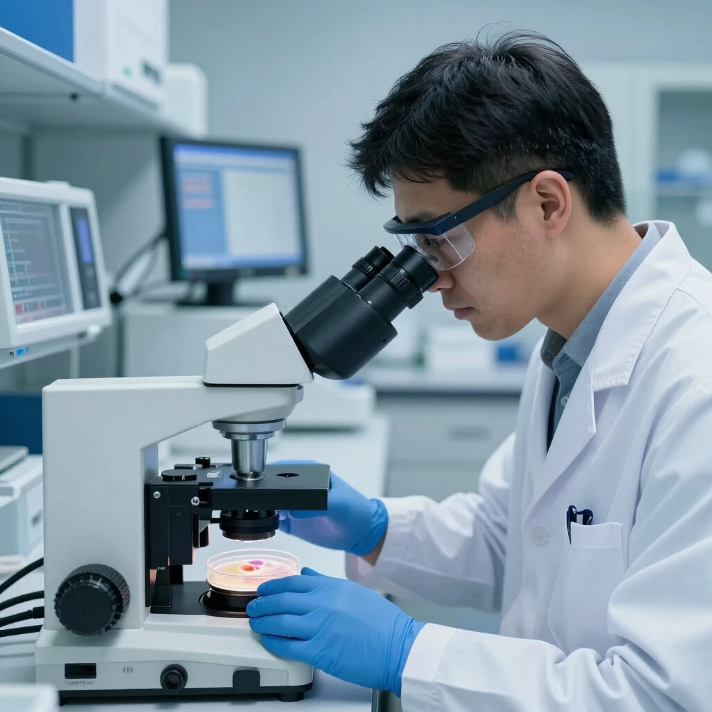 Embryologist examining embryos in IVF lab