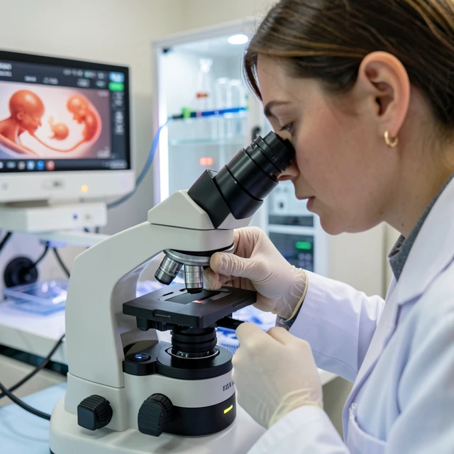 Embryologist examining developing embryos in IVF lab