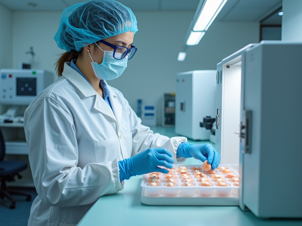 A technician in a fertility clinic laboratory handling cryopreservation equipment.