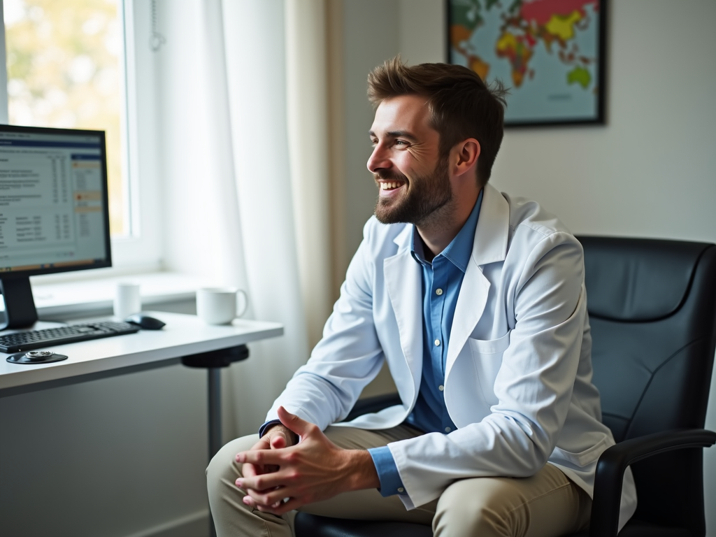A young man in a medical office, smiling slightly while talking to a doctor about fertility preservation.