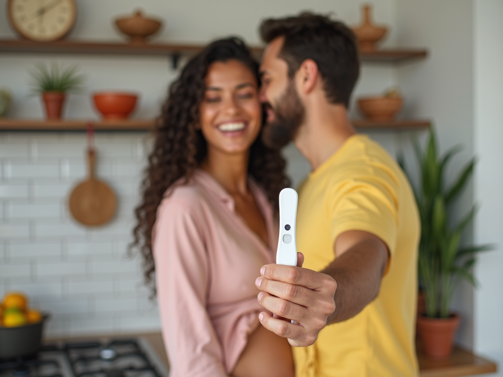 A couple celebrating a positive pregnancy test after following the fertility diet.